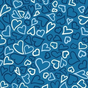 Valentine Hearts Doodle, white, baby blue and denim hearts on ocean blue background