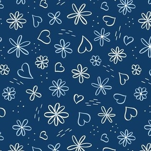 Whimsical white hearts and flowers, navy blue