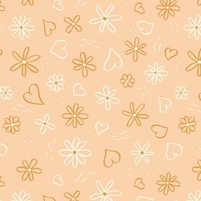 Whimsical hearts and flowers, pastel beige