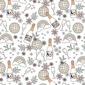 Champagne party 2024 and disco ball magic rainbows and blossom happy new year celebration mist green beige golden on white