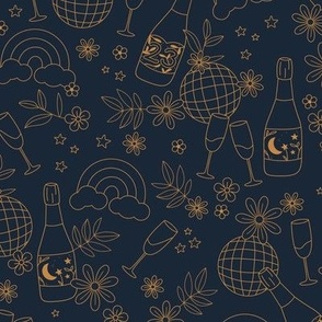 Champagne party and disco ball magic rainbows and blossom happy new year celebration minimalist freehand drawing golden navy blue