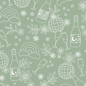 Champagne party and disco ball magic rainbows and blossom happy new year celebration minimalist freehand drawing white on sage green