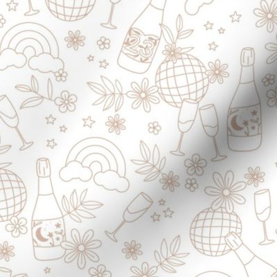 Champagne party and disco ball magic rainbows and blossom happy new year celebration minimalist freehand drawing golden on white