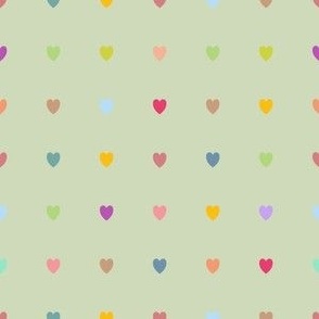 Simple Colorful Heart Clusters on Sage Green Fabric (small)