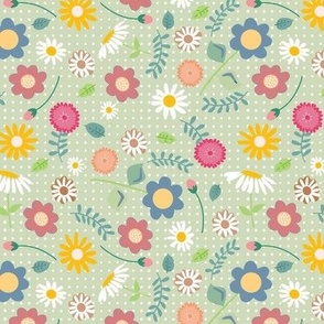 Bright Flowers on Sage Green