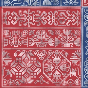 Faux Cross Stitch nature white on red and blue  - large scale