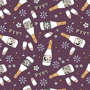 Happy new year - Champagne blossom bubbles and party garland happy 2024 seventies retro vibe design neutral purple berry lilac 
