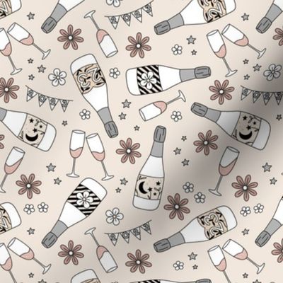 Happy new year - Champagne blossom bubbles and party garland happy 2024 seventies retro vibe design neutral beige gray on sand 