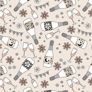Happy new year - Champagne blossom bubbles and party garland happy 2024 seventies retro vibe design neutral beige gray on sand 