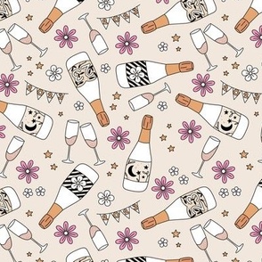 Happy new year - Champagne blossom bubbles and party garland happy 2024 seventies retro vibe design neutral beige pink blush on sand 