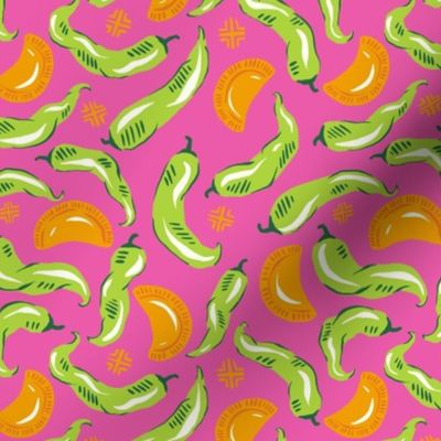 Green Chile and Empanada Ditsy - 6" medium - bright green, gold, and hot pink