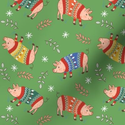 Pigs in jumpers | Christmas | Brunswick lush green | small 6 inch scale repeat fabric