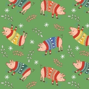Pigs in jumpers | Christmas | Brunswick lush green | small 6 inch scale repeat fabric
