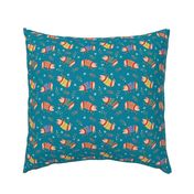 Pigs in jumpers | Christmas | teal | small 6 inch scale repeat fabric