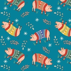 Pigs in jumpers | Christmas | teal | small 6 inch scale repeat fabric