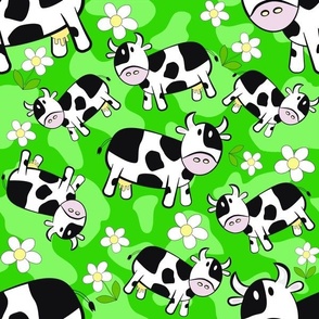 Cute Green Cow Wallpaper or Fabric - Kawaii Cow and Daisy's