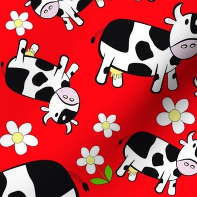 Bright Red Cartoon Cow Wallpaper and Fabric