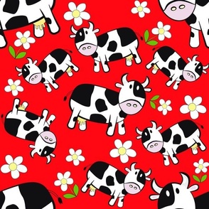 Bright Red Cartoon Cow Wallpaper and Fabric