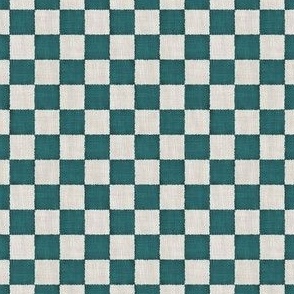 Textured Checks - Ditsy Scale - Dark Teal and Beige - Linen Ikat fabric texture Checkers Checkerboard 