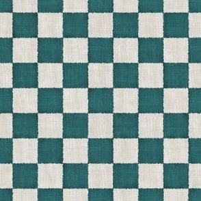 Textured Checks - Small Scale - Dark Teal and Beige - Linen Ikat fabric texture Checkers Checkerboard 