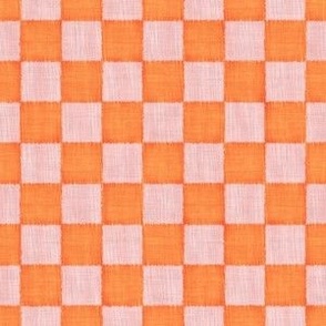 Textured Check - Small Scale - Pink and Orange - Linen Ikat fabric texture Checkers Checkerboard 
