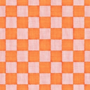Textured Check - Medium Scale - Pink and Orange - Linen Ikat fabric texture Checkers Checkerboard