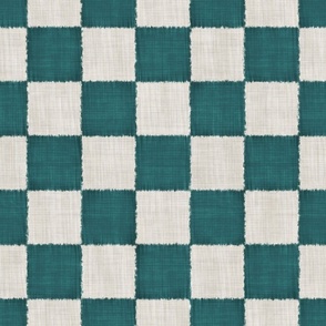 Textured Checks - Large Scale - Dark Teal and Beige - Linen Ikat fabric texture Checkers Checkerboard 