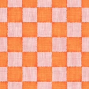 Textured Check - Large Scale - Pink and Orange - Linen Ikat fabric texture Checkers Checkerboard 