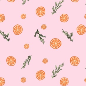 Orange slices and pine and rosemary springs on pale pink.