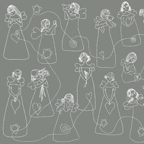 Hand drawing art line angels joy and dream - blessed and holly cute baby angel love_pewter warm grey background