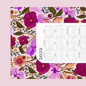 2023 calendar- Hand painted Flowers and pink butterflies tea towel 