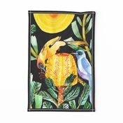 Australian watercolour yellow & Blue Birds and Yellow Protea flower wall hanging