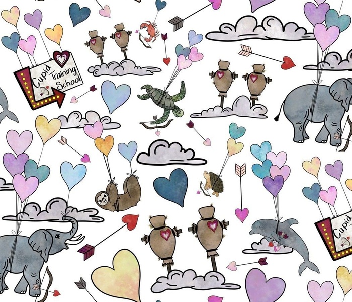 Cupid Training School, Valentine's Day, Hearts, Animals, Balloons, Arrows, Clouds