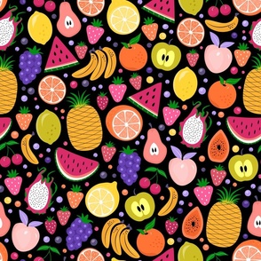 Bright Colorful Fresh Tropical Fruits and Berries on Black