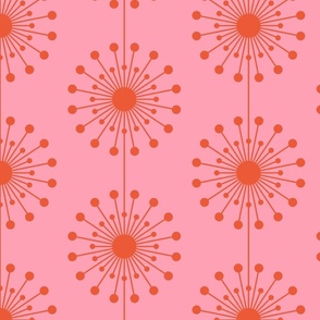 Mid Century Mod Dandelion in Pink and Orange, Vintage Geometric Floral Pattern LARGE
