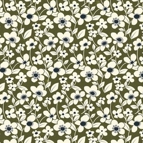 Retro Flower Field - Dark Olive - Micro