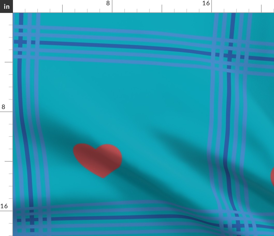 Blue plaid with red hearts - Large scale