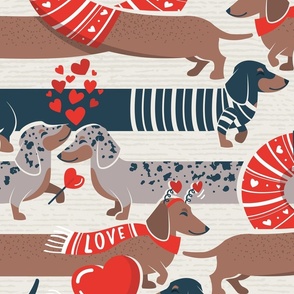 Large jumbo scale // Dachshunds long love // beige background neon red hearts scarves sweaters and other Valentine's Day details brown nile blue and dark grey spotted funny doxies dog puppies 