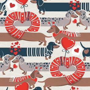 Dachshunds long love // normal scale // beige background neon red hearts scarves sweaters and other Valentine's Day details brown nile blue and dark grey spotted funny doxies dog puppies 
