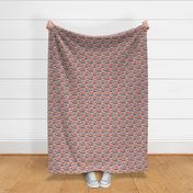 Tiny scale // Dachshunds long love // beige background neon red hearts scarves sweaters and other Valentine's Day details brown nile blue and dark grey spotted funny doxies dog puppies 