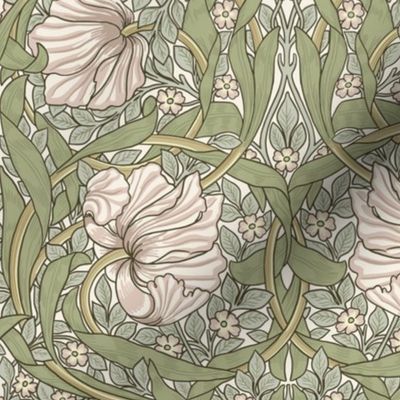 Pimpernel - MEDIUM - historic antiqued restored reconstruction  damask by William Morris - light sage and peach adaption pimpernell