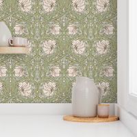 Pimpernel - MEDIUM - historic antiqued restored reconstruction  damask by William Morris - light sage and peach adaption pimpernell