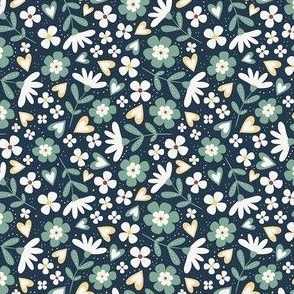 Small Scale Sweet Sage Green Floral on Navy