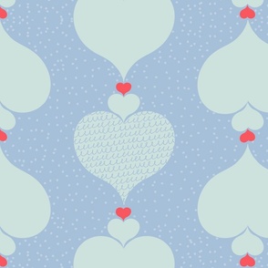 Blue hearts in lines of different sizes with the smallest heart being red - medium scale
