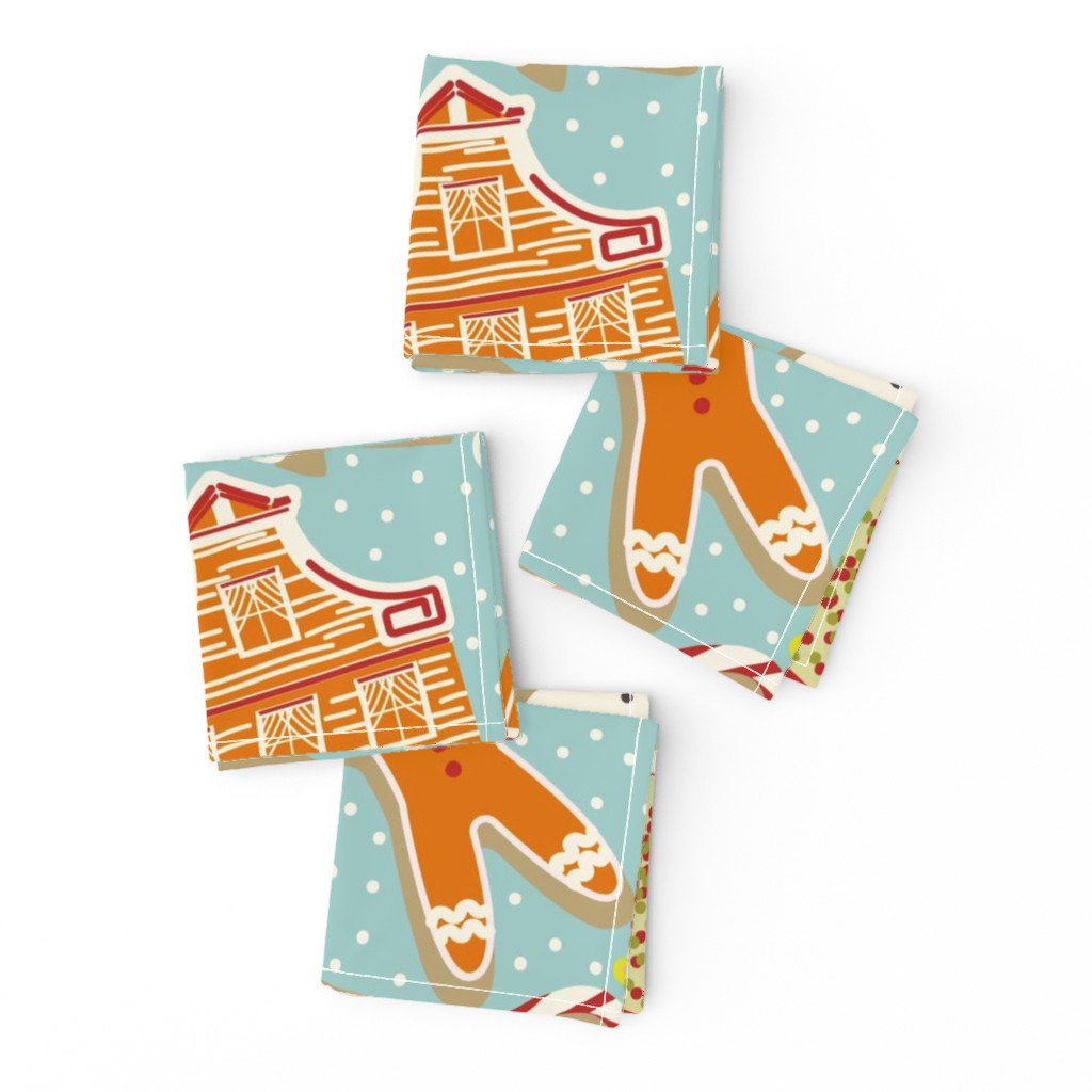 Christmas gingerbread & sweet treats tossed on middle teal blue | Snowman, Christmas tree, Candy Canes | Extra Large XL | Jumbo
