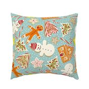 Christmas gingerbread & sweet treats tossed on middle teal blue | Snowman, Christmas tree, Candy Canes | Extra Large XL | Jumbo