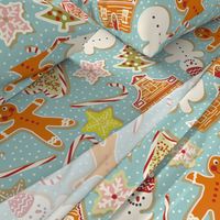 Christmas gingerbread & sweet treats tossed on middle teal blue | Snowman, Christmas tree, Candy Canes | Extra Large XL | Jumbo