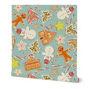 Christmas gingerbread & sweet treats tossed on middle teal blue | Snowman, Christmas tree, Candy Canes | Extra Large XL | Jumbo