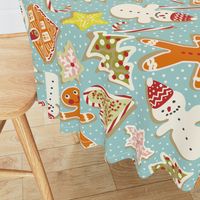 Christmas gingerbread & sweet treats tossed on middle teal blue | Snowman, Christmas tree, Candy Canes | Extra Large XL | Jumbo