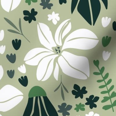 whimsical white flowers on light green